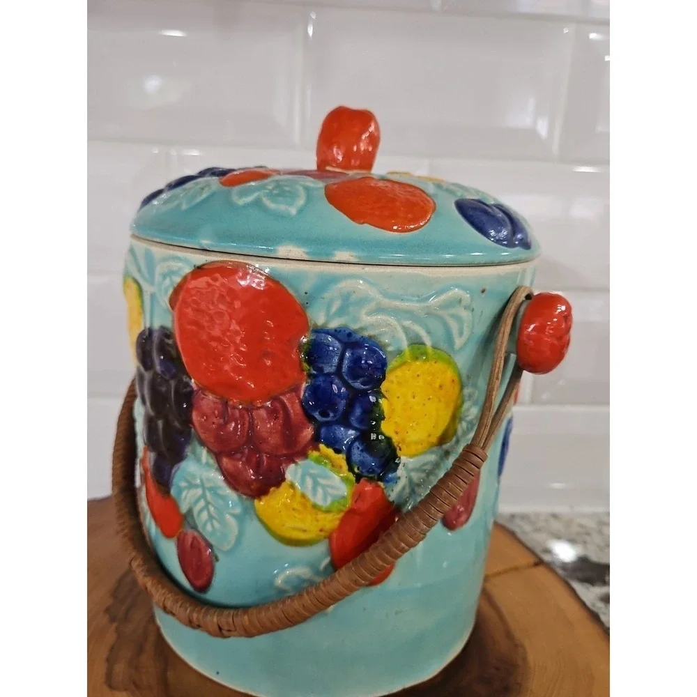 Vintage Biscuit Jar With Lid & Wicker‎ Handle Ceramic Made In Japan 8.5×6×6 inc